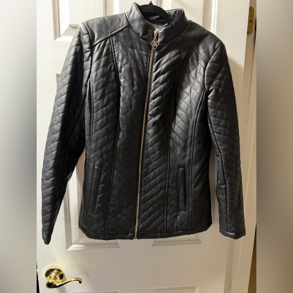 Dennis Basso Black Quilted Leather Jacket with Gold Zipper